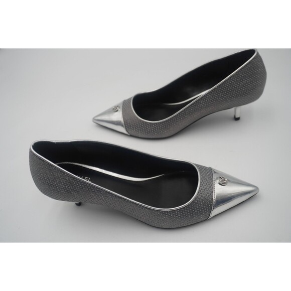 Michael Kors Davina Flex Kitten Metallic Silver Heel Pointed Toe Textured Sz 8.5 - Picture 13 of 16